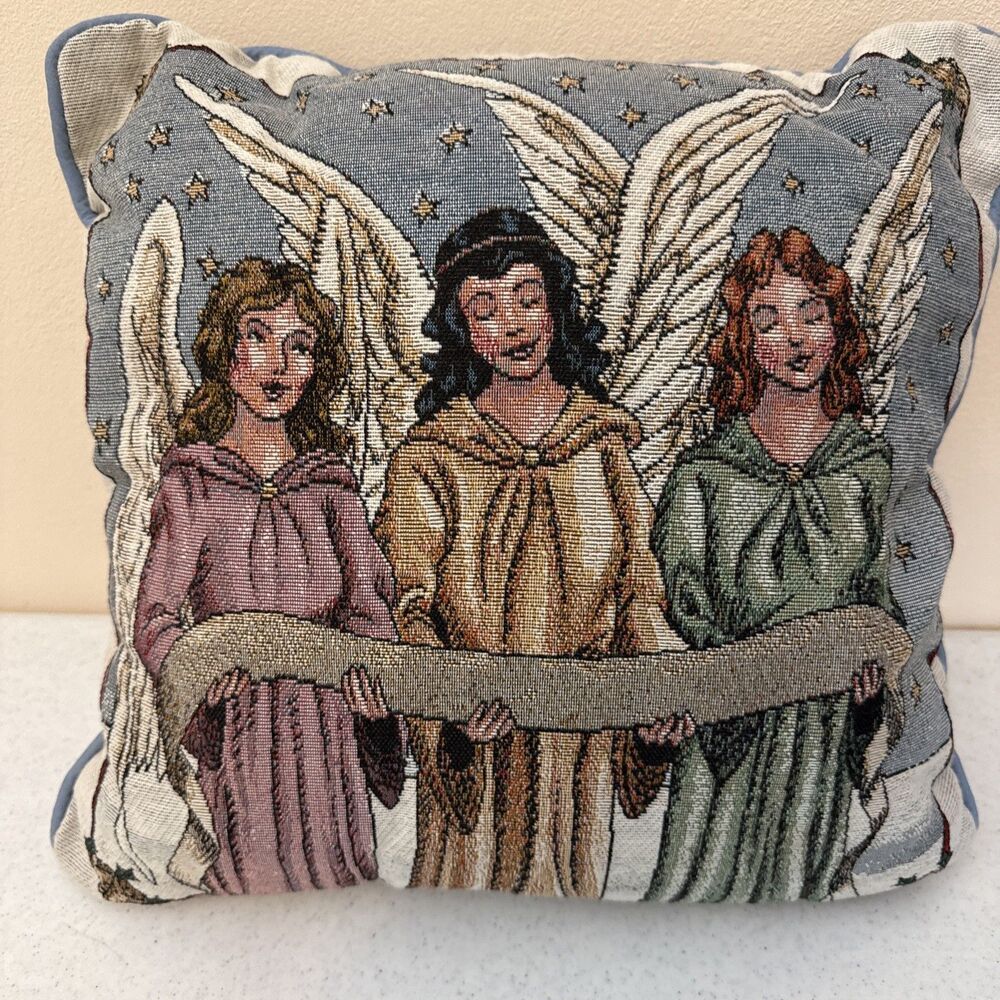 Vintage Martha Stewart Christmas Tapestry Throw Pillow 3 Angels Blue 15” Square